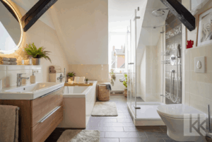 Visualisierung: Das Hauptbad mit Dusche, Badewanne und Frischluft